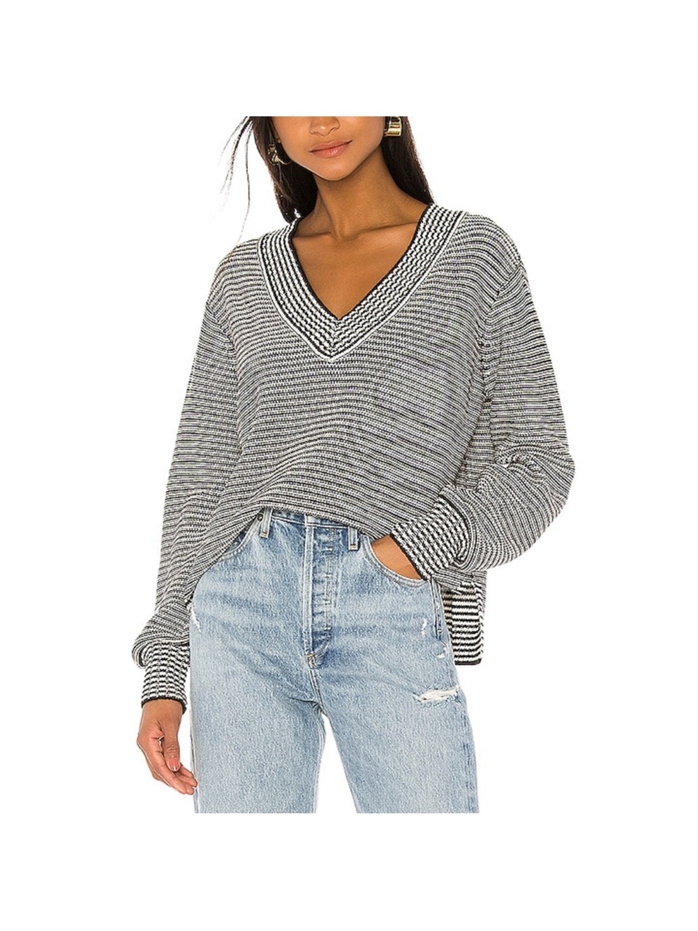Revolve House of Harlow 1960 Shaun Striped V-Neck Knit Sweater - Black & White